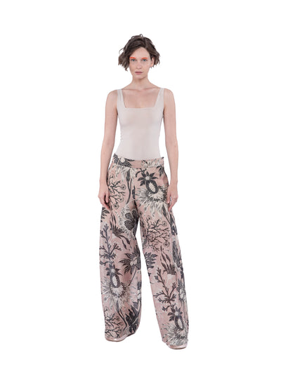 Organza Silk Print Wide Leg Long Pants with Side Opening Blush