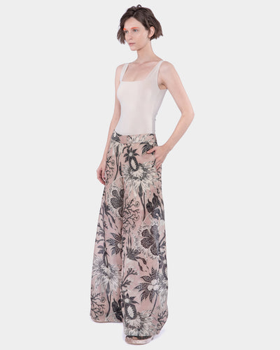 Organza Silk Print Wide Leg Long Pants with Side Opening Blush