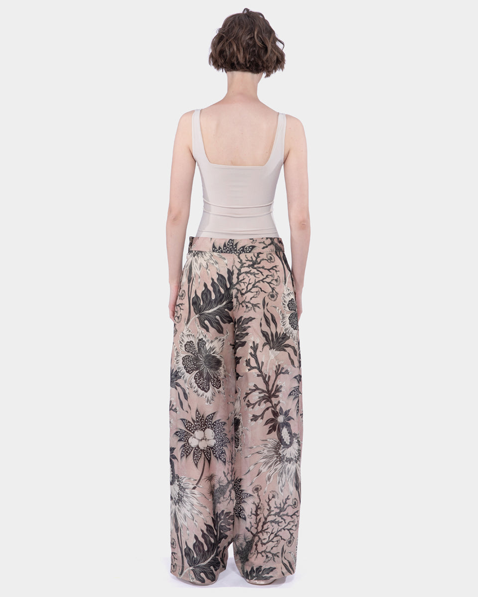 Organza Silk Print Wide Leg Long Pants with Side Opening Blush
