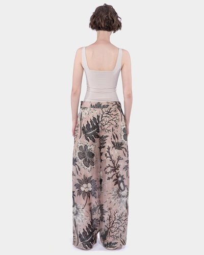 Organza Silk Print Wide Leg Long Pants with Side Opening Blush