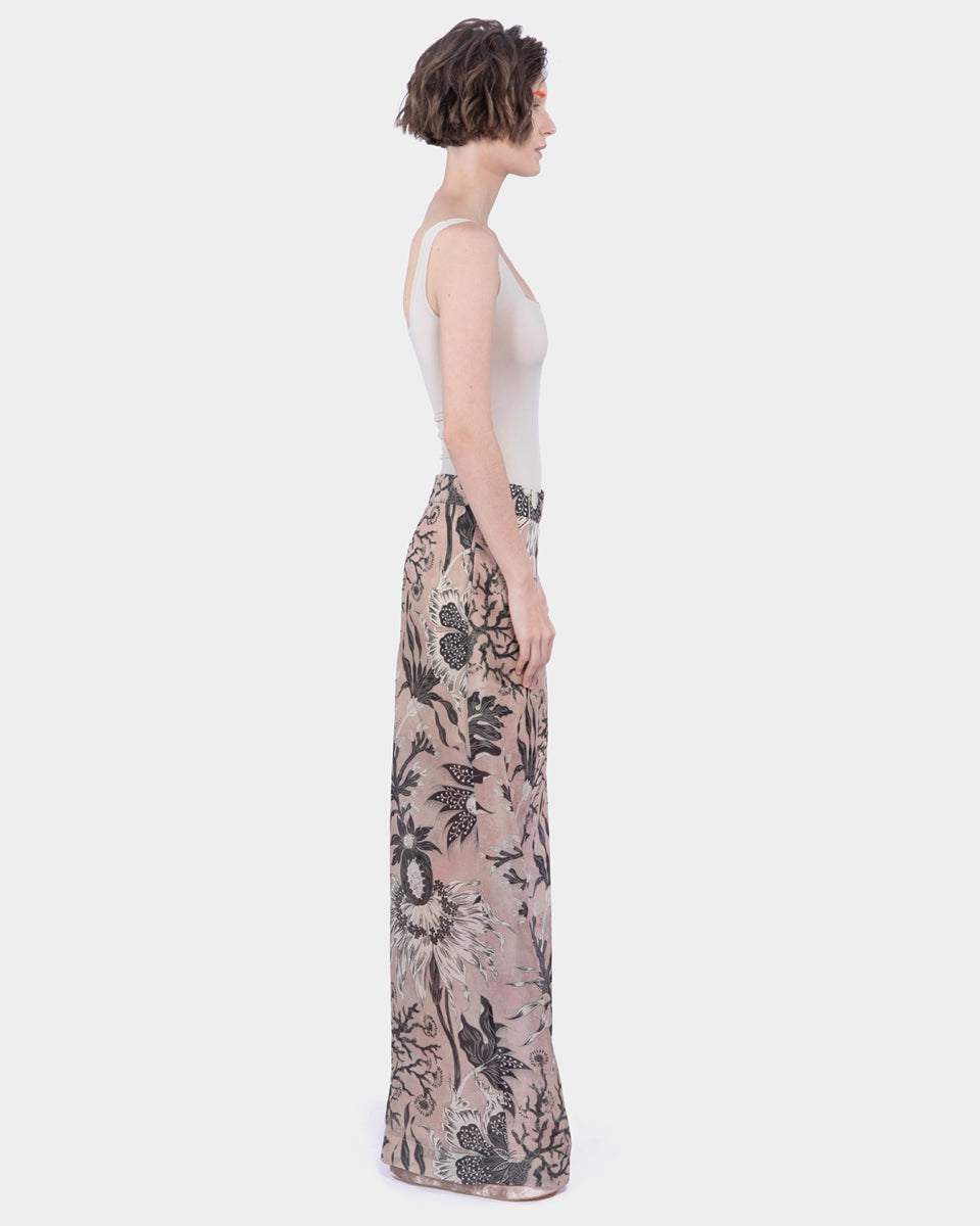 Organza Silk Print Wide Leg Long Pants with Side Opening Blush