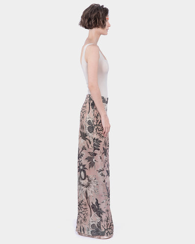 Organza Silk Print Wide Leg Long Pants with Side Opening Blush