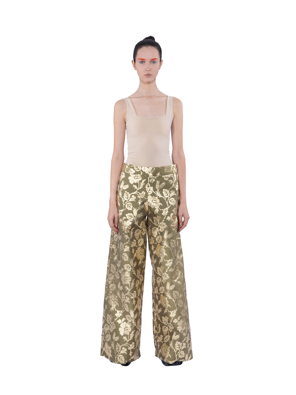 Metallic Floral Taffeta Wide Leg Long Pants with Side Opening Moss-gold