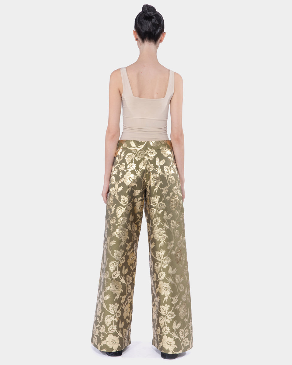 Metallic Floral Taffeta Wide Leg Long Pants with Side Opening Moss-gold