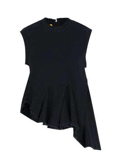 Woven Cotton Sleeveless Top With Stitched Pleats And Assymetric Flounce Hem Black