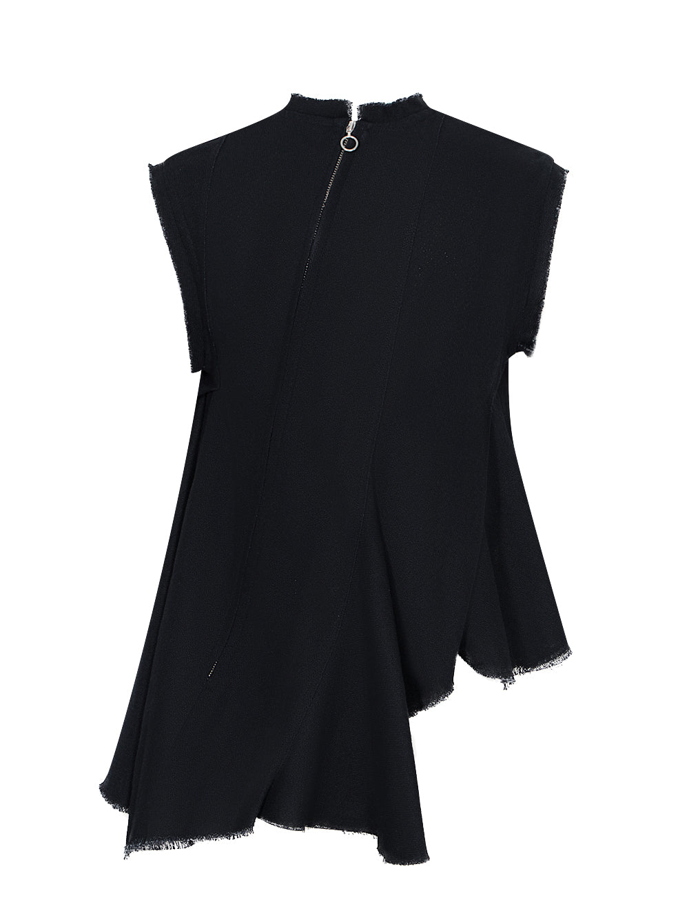 Woven Cotton Sleeveless Top With Stitched Pleats And Assymetric Flounce Hem Black