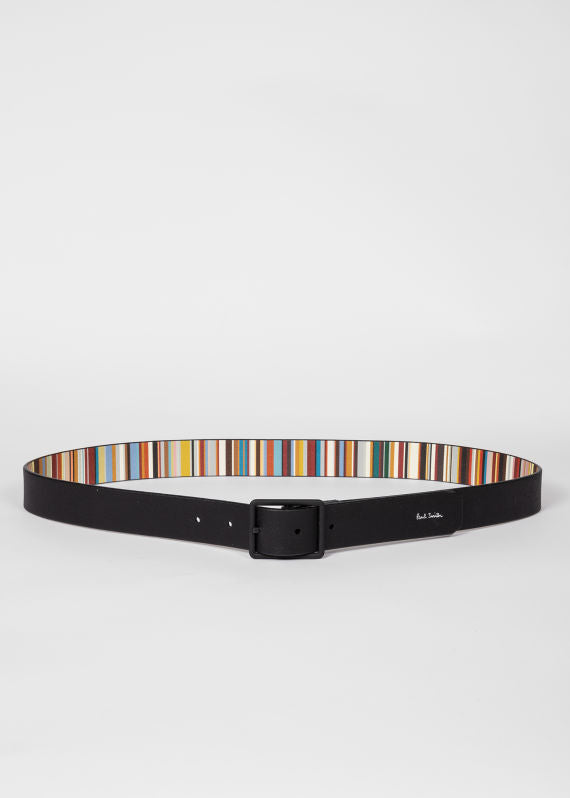 Men 'Signature Stripe' Reversible Leather Belt (Black)