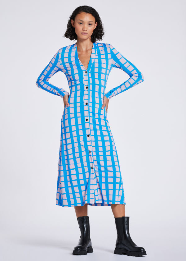 Women 'Hand Drawn Check' Midi Dress (Blue)