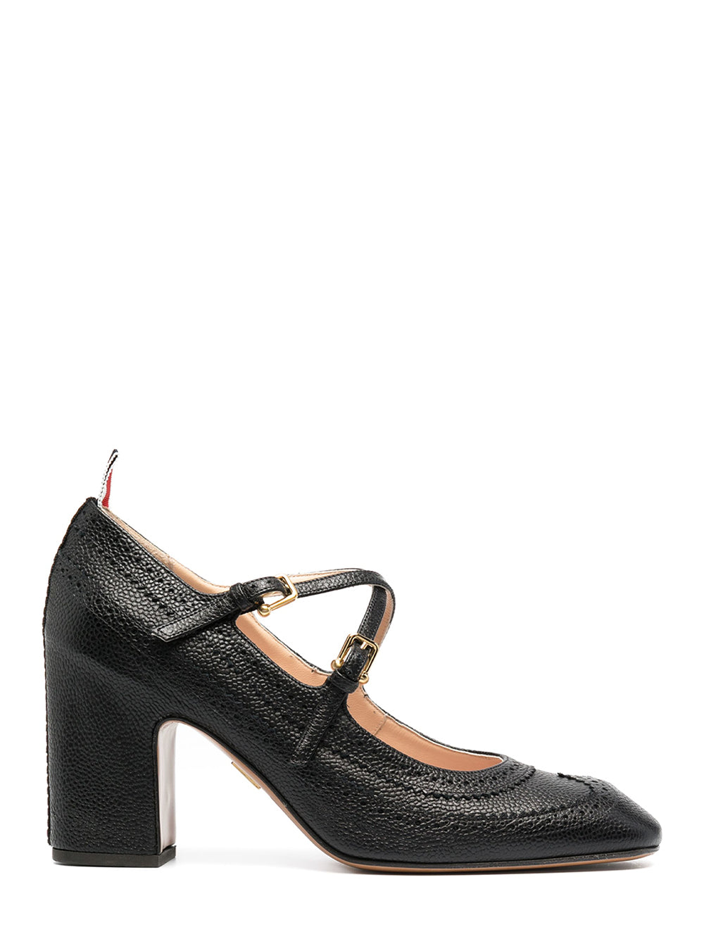 Pebble Grain Leather Brogued Block Heel Criss Cross Mary Jane (Black)