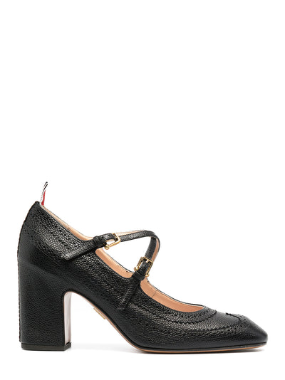 Pebble Grain Leather Brogued Block Heel Criss Cross Mary Jane (Black)