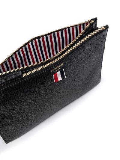 Pebble Grain Leather Double Zip Crossbody Document Holder (Black)