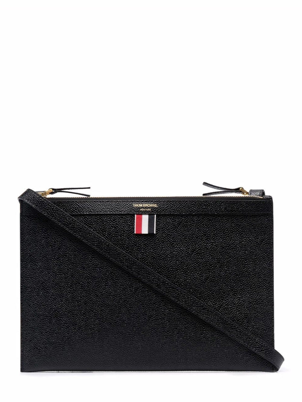 Pebble Grain Leather Double Zip Crossbody Document Holder (Black)