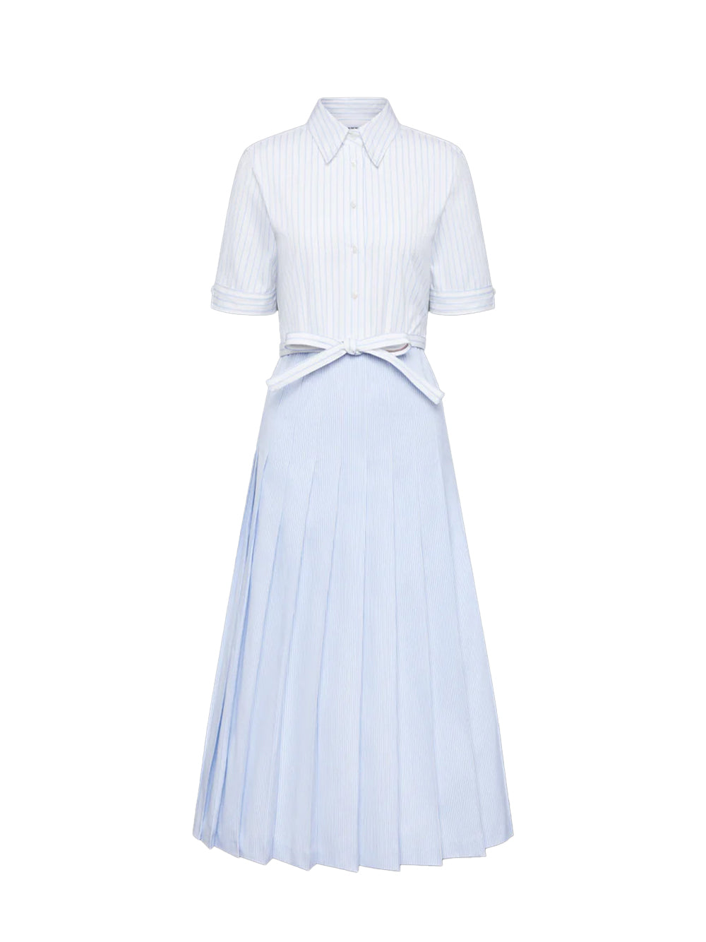 Pinstripe Poplin Belted Pleated Shirtdress (Light Blue)