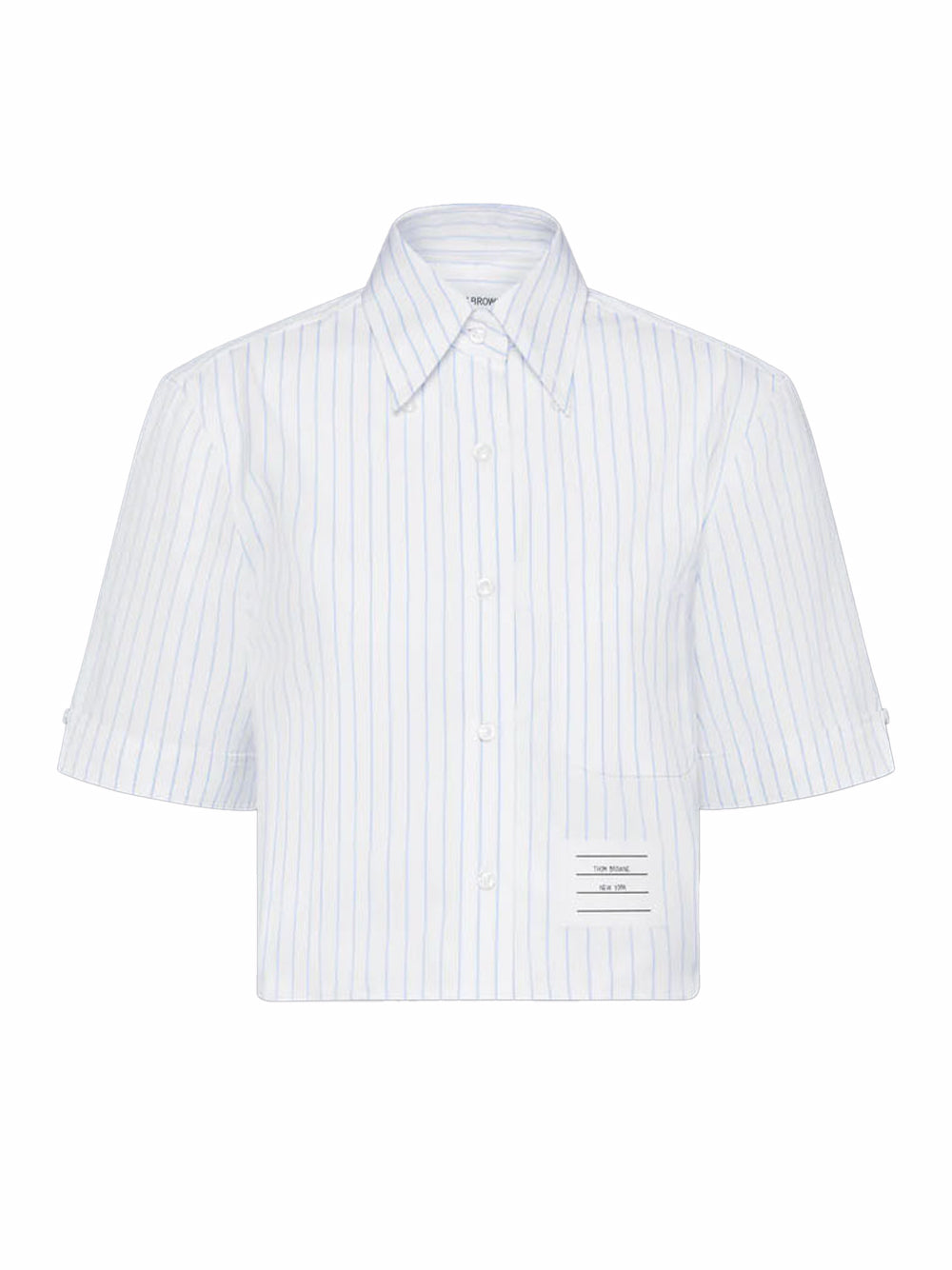 Pinstripe Poplin Cropped Short Sleeve Shirt (Light Blue)
