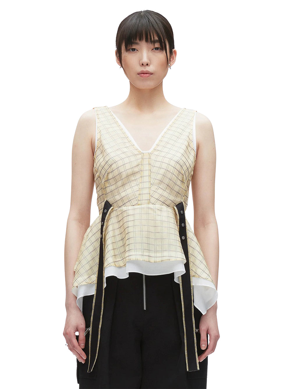 Plaid Organza V-Neck Top (Hay Multi)