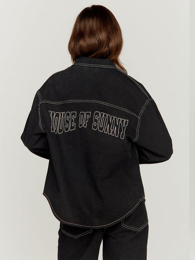 Unisex Denim Shirt With Contrast Stitch And Embroidery Jet Black Wash