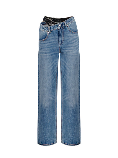 Pre-Styled Denim Jeans with Asymmetrical Lace Waistband (Vintage Medium Indigo)
