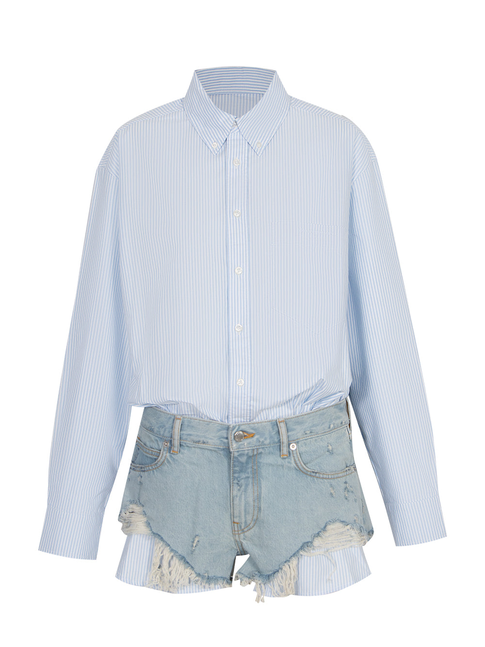 Pre-Styled Shirt & Denim Short Romper (Light Worn Indigo)