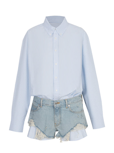 Pre-Styled Shirt & Denim Short Romper (Light Worn Indigo)