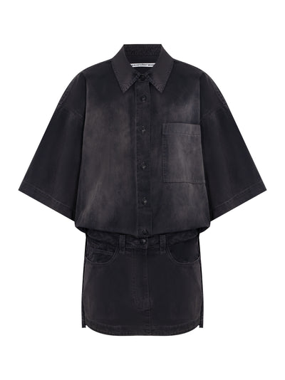 Pre-Styled Short Sleeve Minidress in Cotton (Washed Black Pearl)