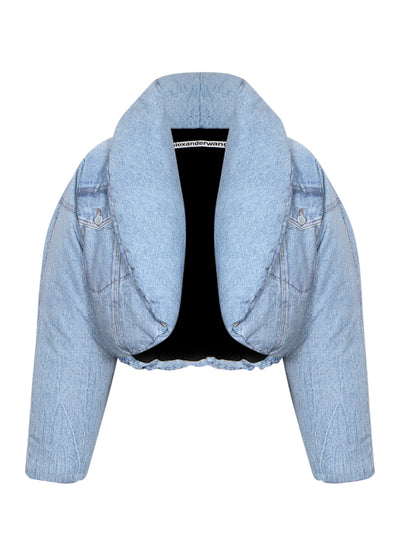 Printed Denim Cropped Puffer Jacket (Vintage Faded Indigo)