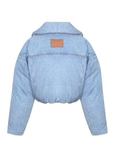 Printed Denim Cropped Puffer Jacket (Vintage Faded Indigo)
