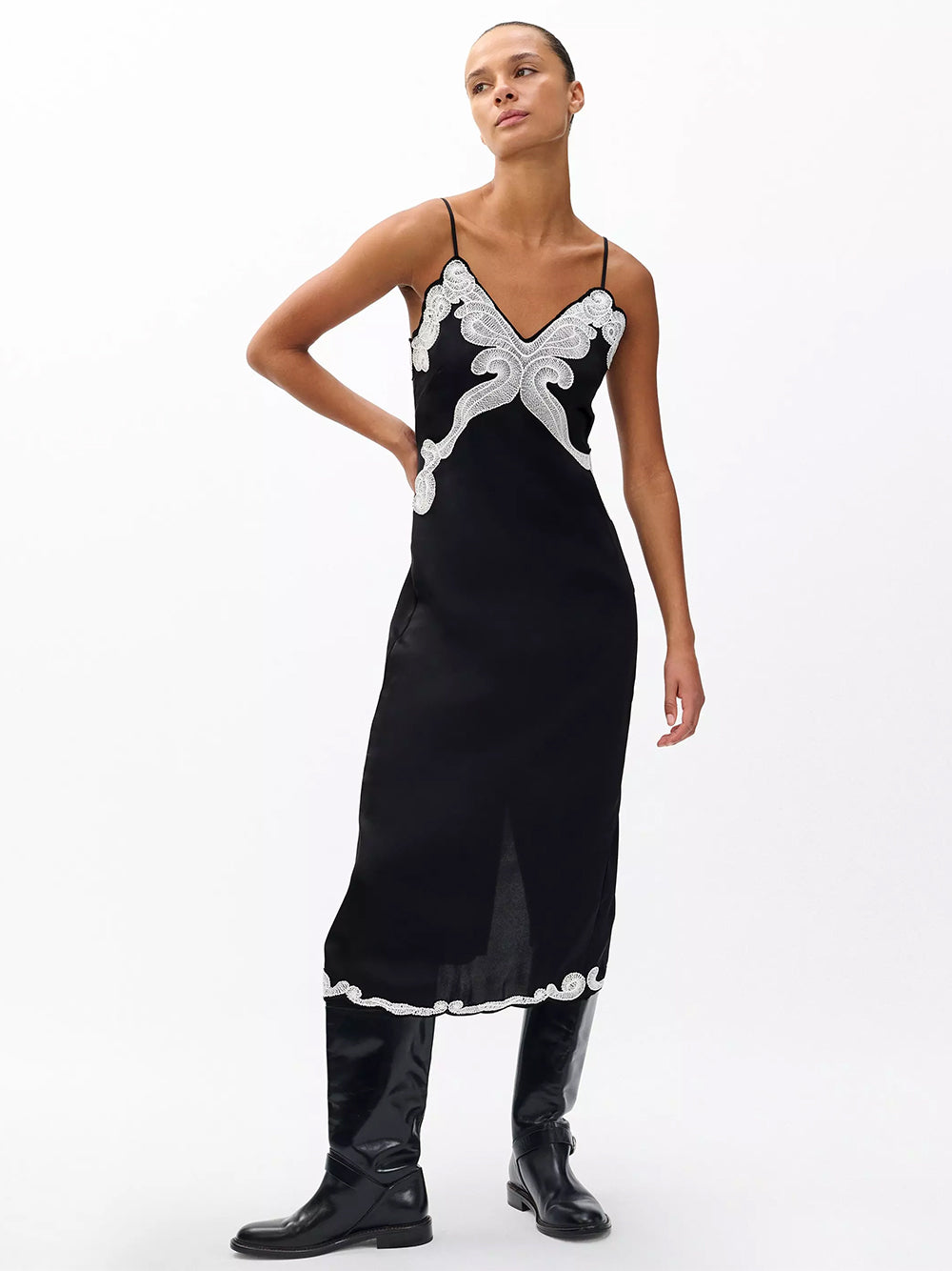 Ann Embroidered Slip Dress (Black)