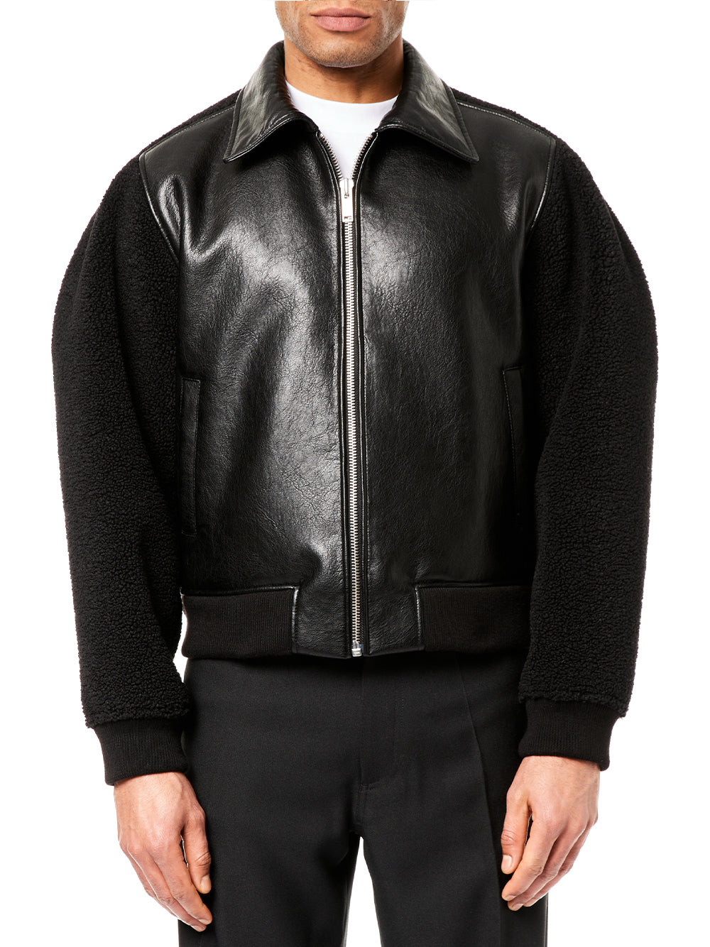 Men Faux Shearling Leather Bomber Jacket Woven Black