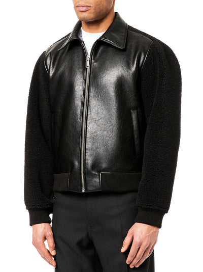 Men Faux Shearling Leather Bomber Jacket Woven Black