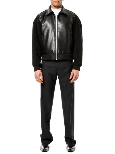 Faux-Shearling Leather Bomber Jacket (Black)