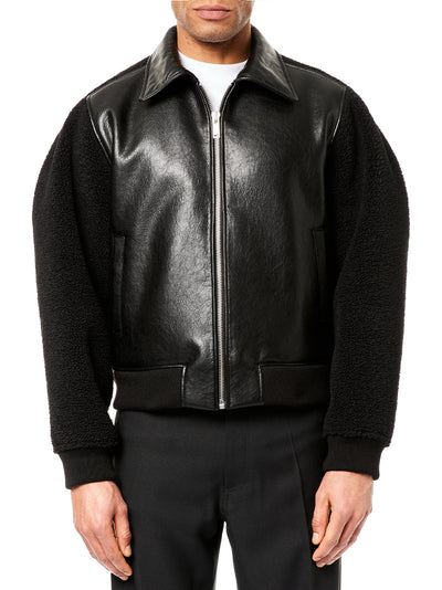 Faux-Shearling Leather Bomber Jacket (Black)