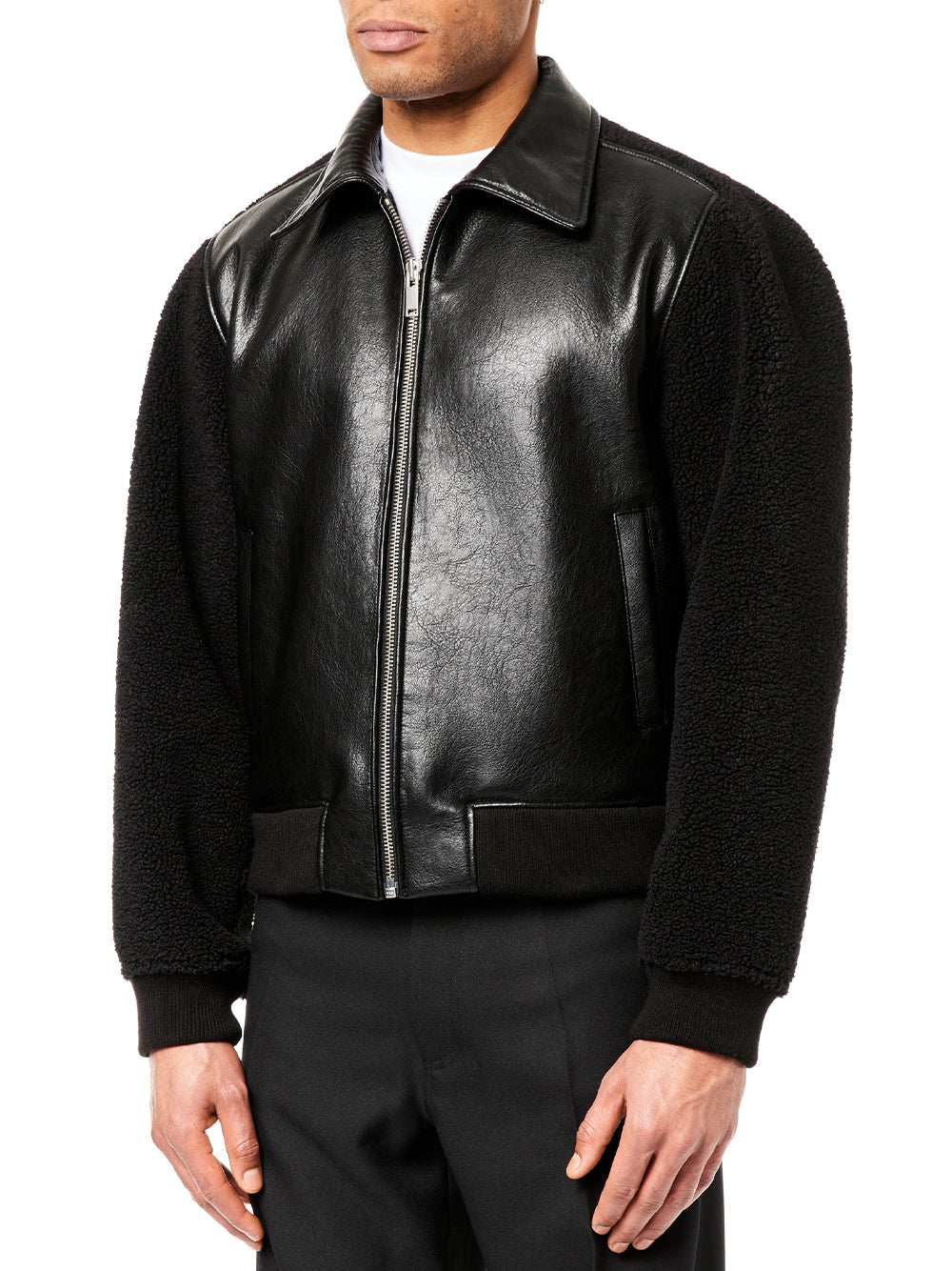 Faux-Shearling Leather Bomber Jacket (Black)