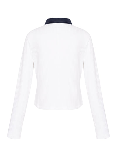 The Knit Contrast Long Sleeve Polo (White)