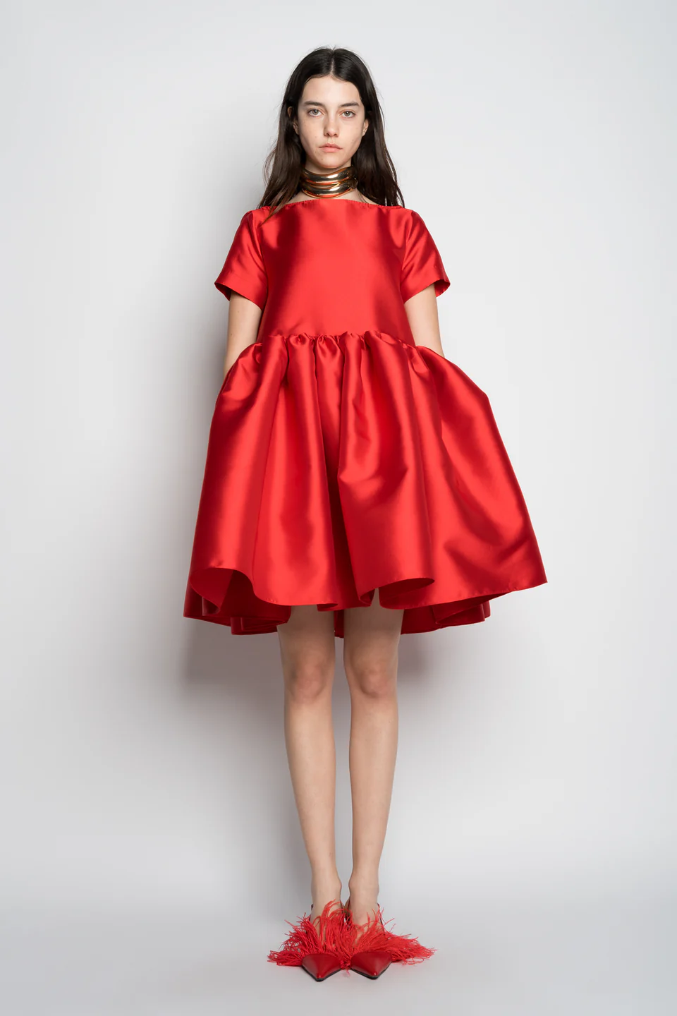 Heavy Satin Sleeveless Short Cap Sleeve Puff Dress Red