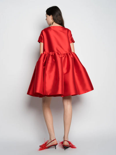 Heavy Satin Sleeveless Short Cap Sleeve Puff Dress Red