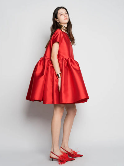 Heavy Satin Sleeveless Short Cap Sleeve Puff Dress Red