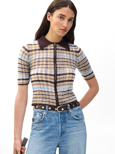 Leva Plaid Zip Polo Sweater Ivory Multi