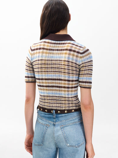 Leva Plaid Zip Polo Sweater Ivory Multi