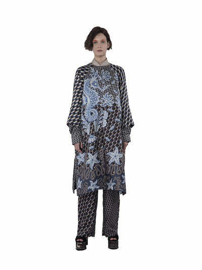 Twill Silk Print Coat With Det Blue-nude