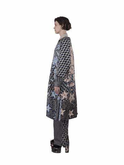 Twill Silk Print Coat With Det Blue-nude