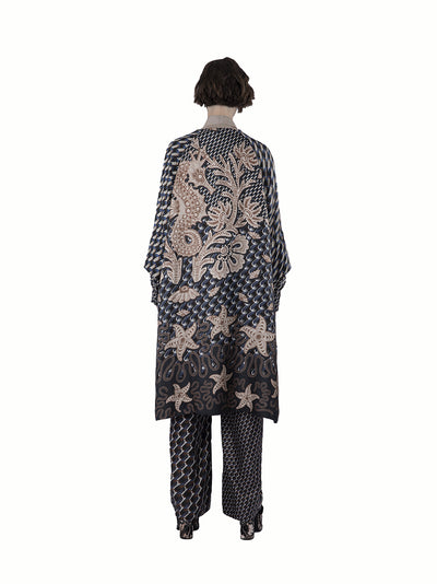 Twill Silk Print Coat With Det Blue-nude