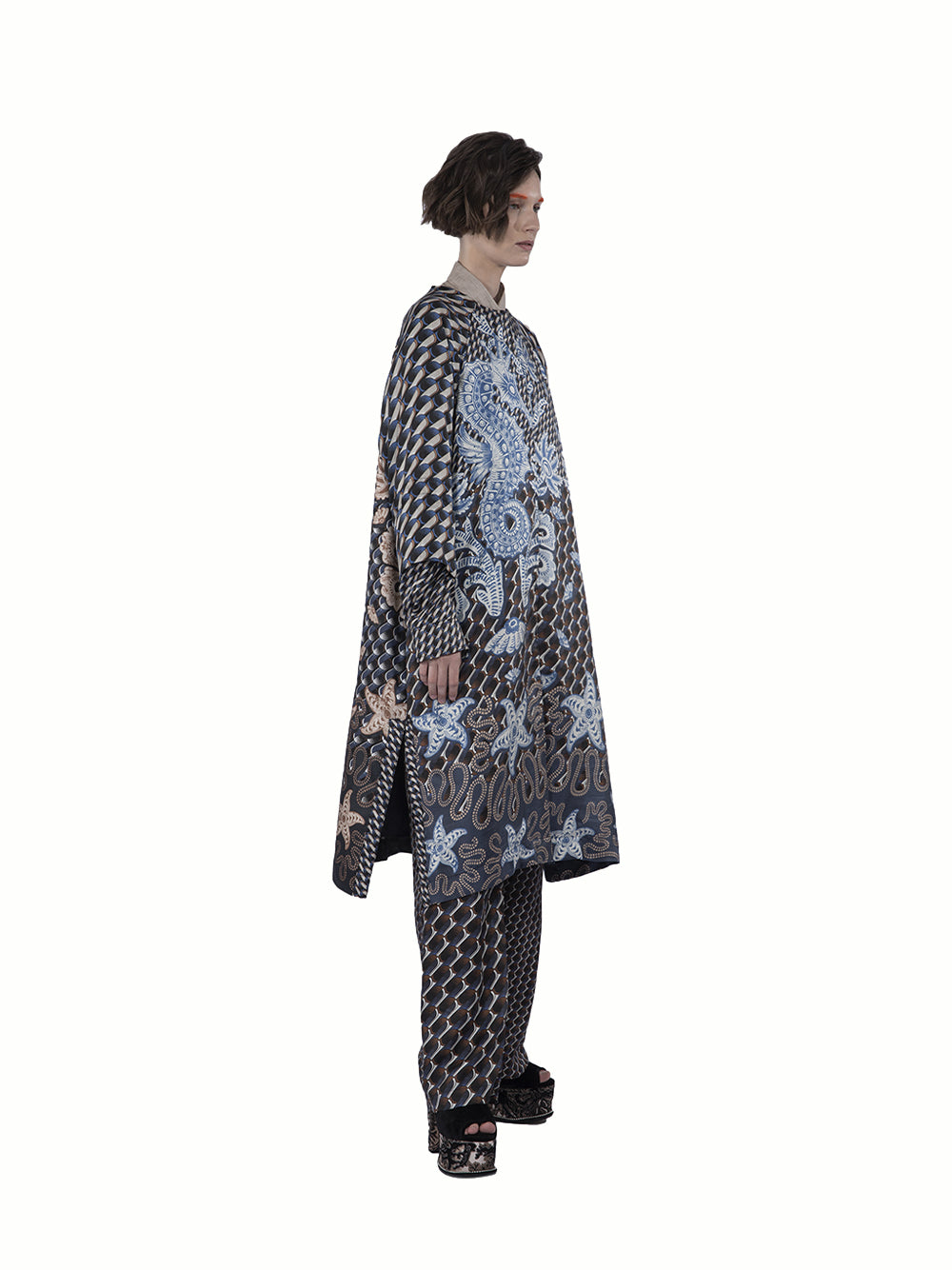 Twill Silk Print Coat With Det Blue-nude