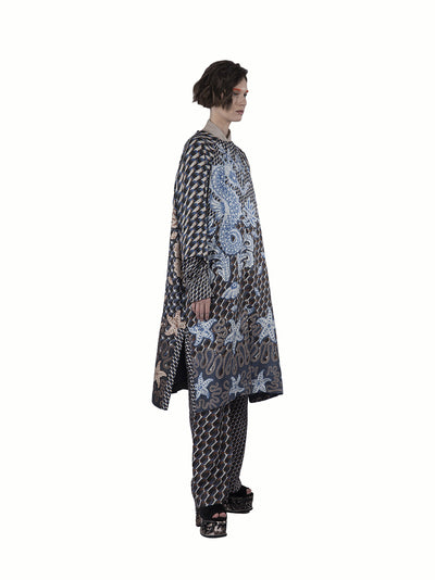Twill Silk Print Coat With Det Blue-nude