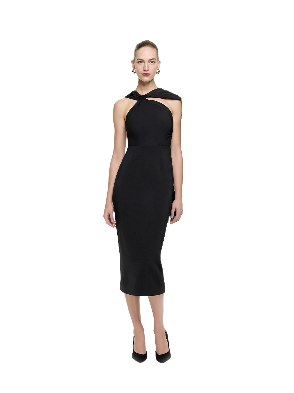 Asymmetric Stretch Cady Midi Dress Black