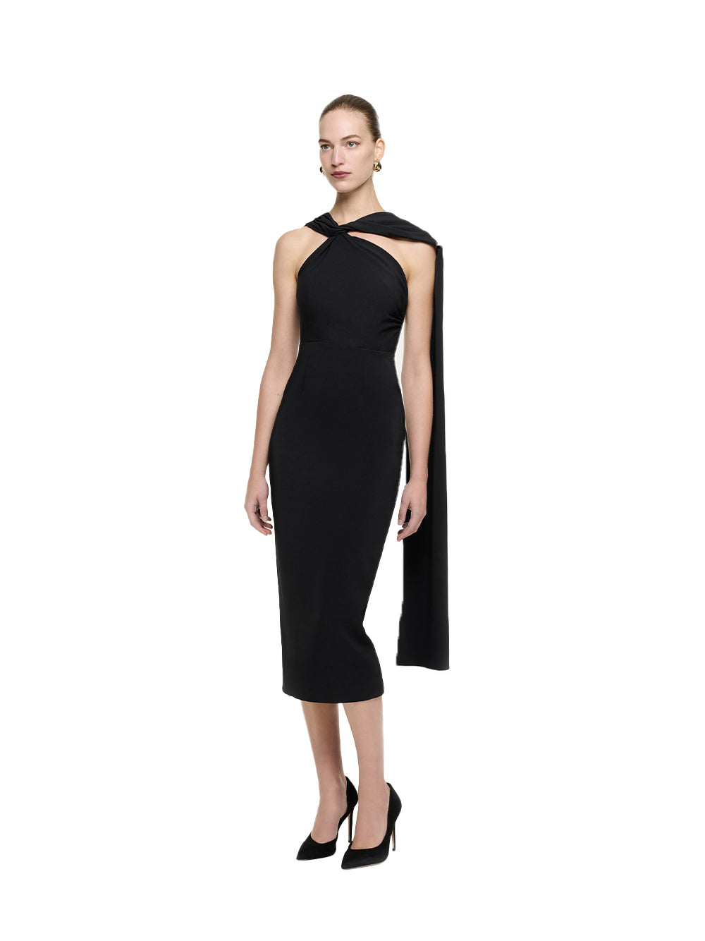 Asymmetric Stretch Cady Midi Dress Black