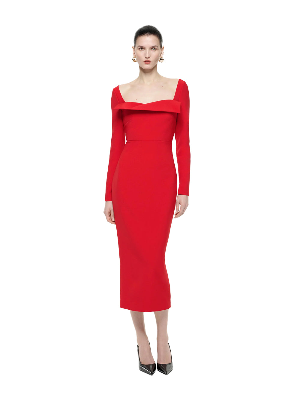 Long Sleeve Crepe Midi Dress Red