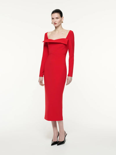 Long Sleeve Crepe Midi Dress Red