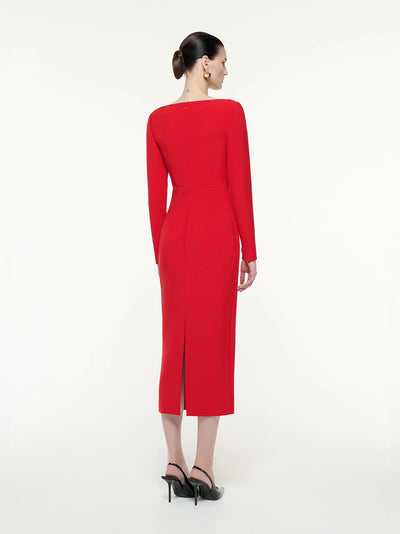 Long Sleeve Crepe Midi Dress Red