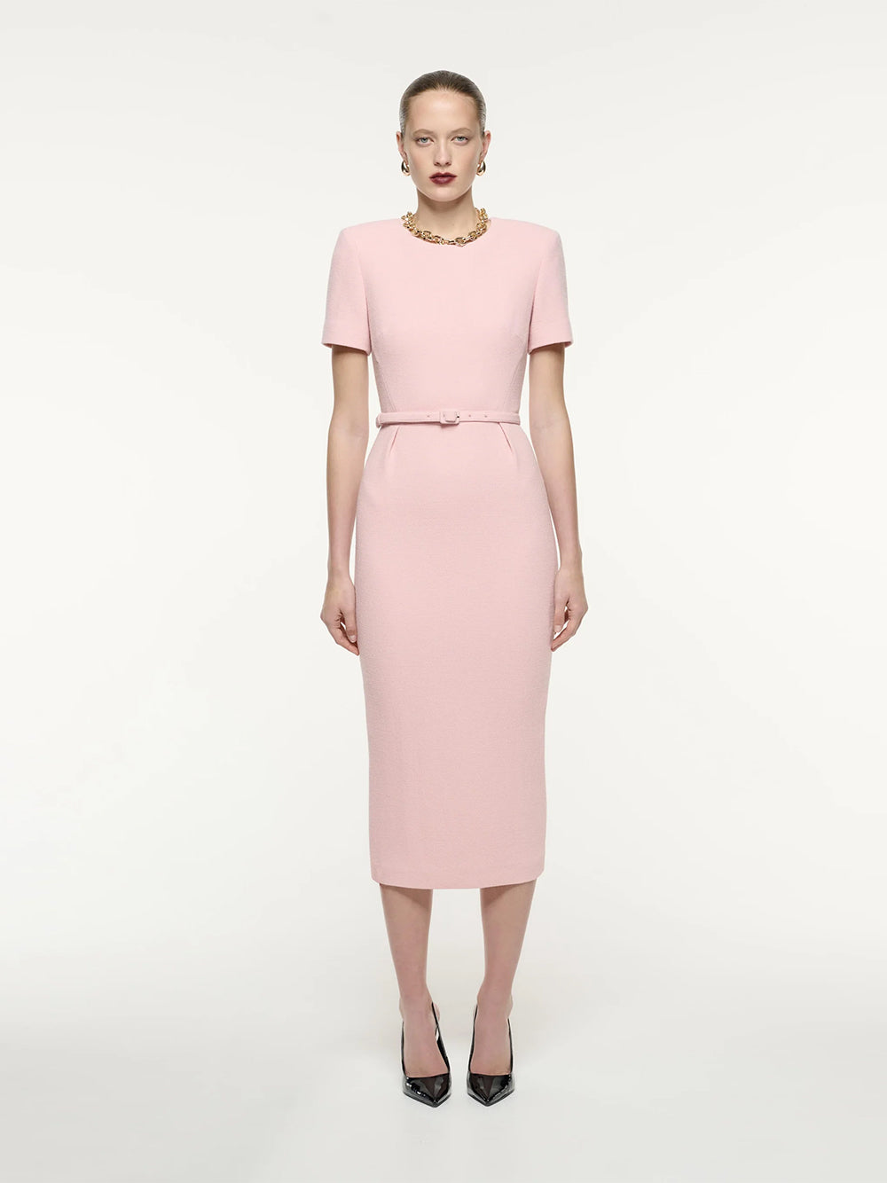 Short Sleeve Wool Crepe Midi Dress Pink