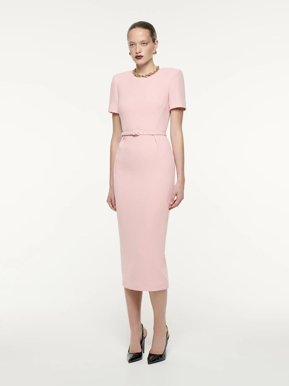 Short Sleeve Wool Crepe Midi Dress Pink